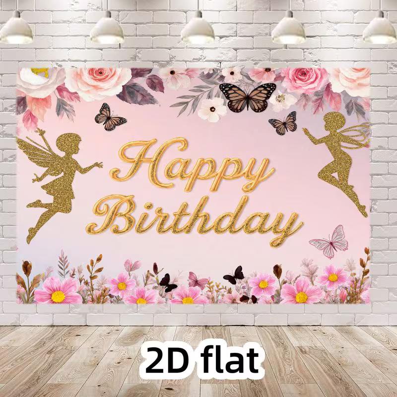

2D Pink Floral Fairy Backdrop Happy Birthday with Gold Glitter Fairies and Butterflies Photography Background 47.2x31.5inch/120*80cm
