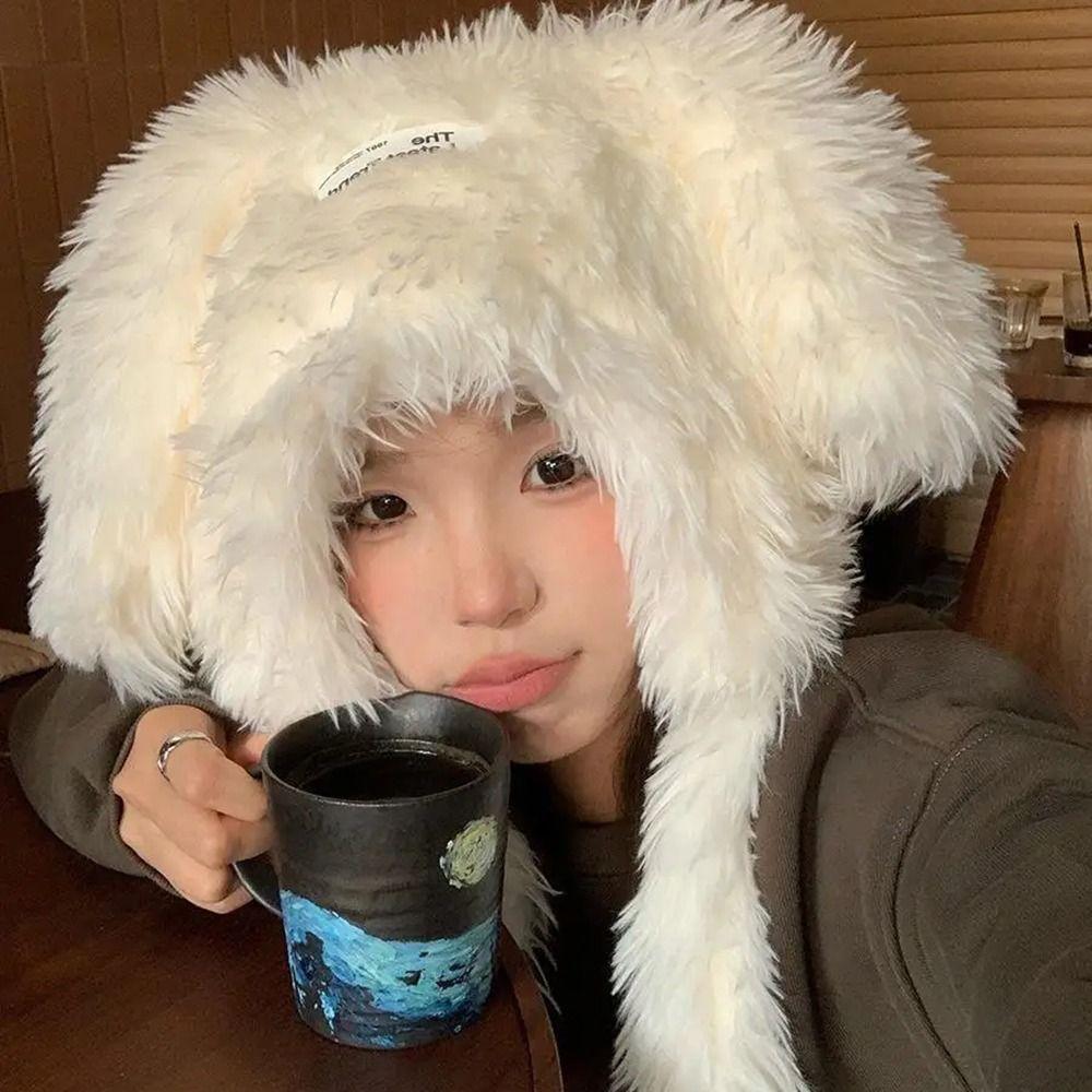 Cute Fuzzy Bunny Hat Long Rabbit Ears Winter Beanies Hats Sweet Women's Plush Caps  Ski
