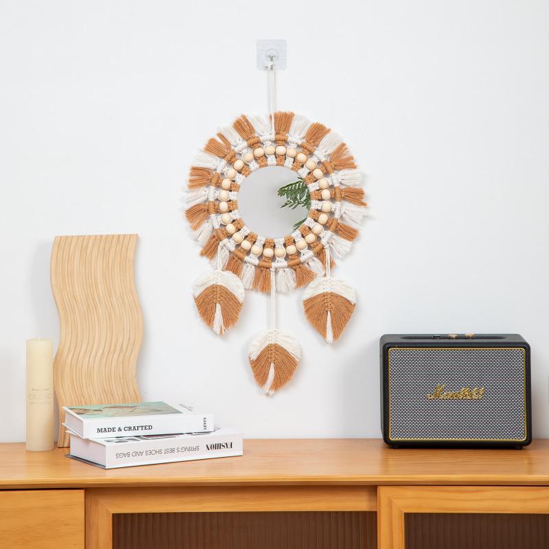 Mirror Decoration Tapestry Bohemian Style Woven Handmade Cotton Thread Wood Bead Tapestry Mirror Bedroom Makeup Mirror