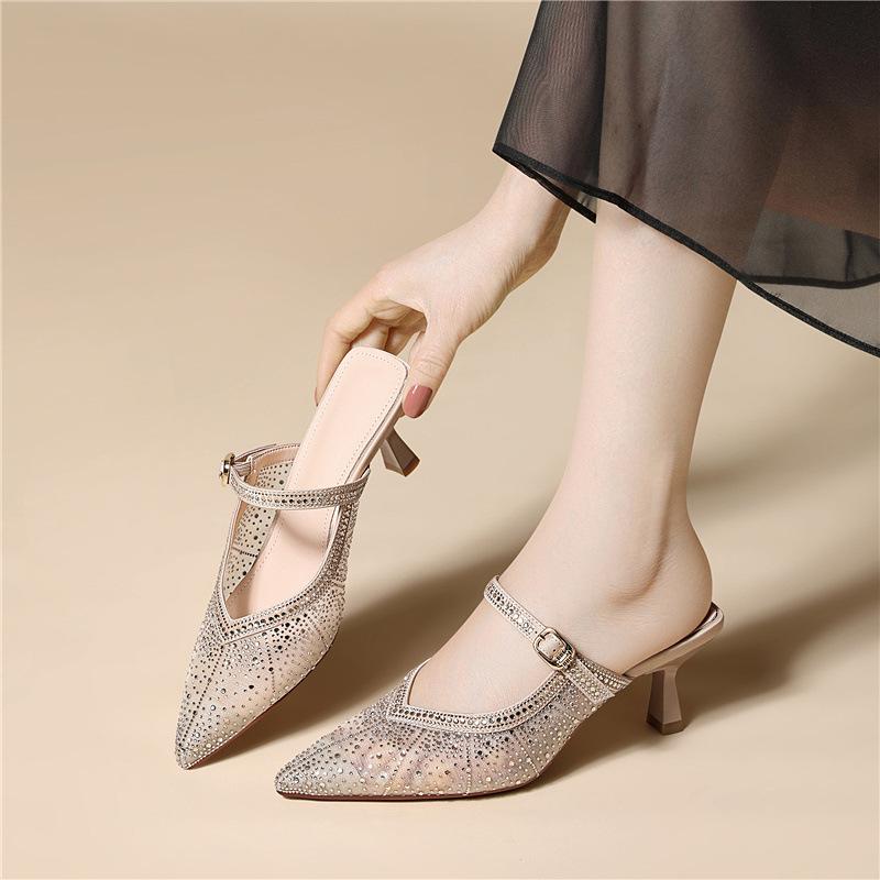 Mary Jane semi-drag sandals breathable mesh casual early spring single shoes light luxury rhinestone pointed stiletto high heels