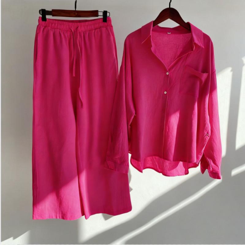 Spring Fashion Plus Size Women's Two-Piece Set: Cotton Linen Shirt & High-Waisted Loose Trousers