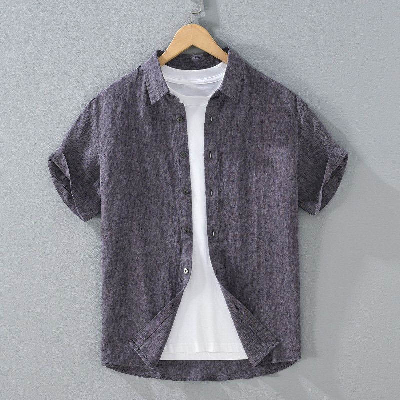 Foreign Trade Surplus Pure Linen Short-Sleeve Shirt for Men, Summer Loose Breathable Solid Color High-End Shirt, Vintage Square Collar Top