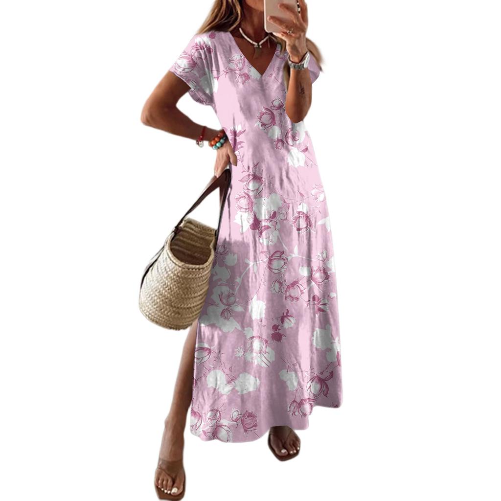Women Summer Floral Dress Short Sleeve Beach Dress With Pockets Casual V-Neck Split Long T-Shirt Dress Travel Vacation
