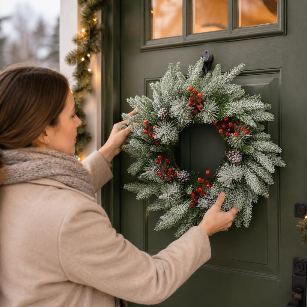 Christmas Wreath with Cedar and Red Berries - Door Hanging Holiday Decor for Home, Mall and Scene Setting
