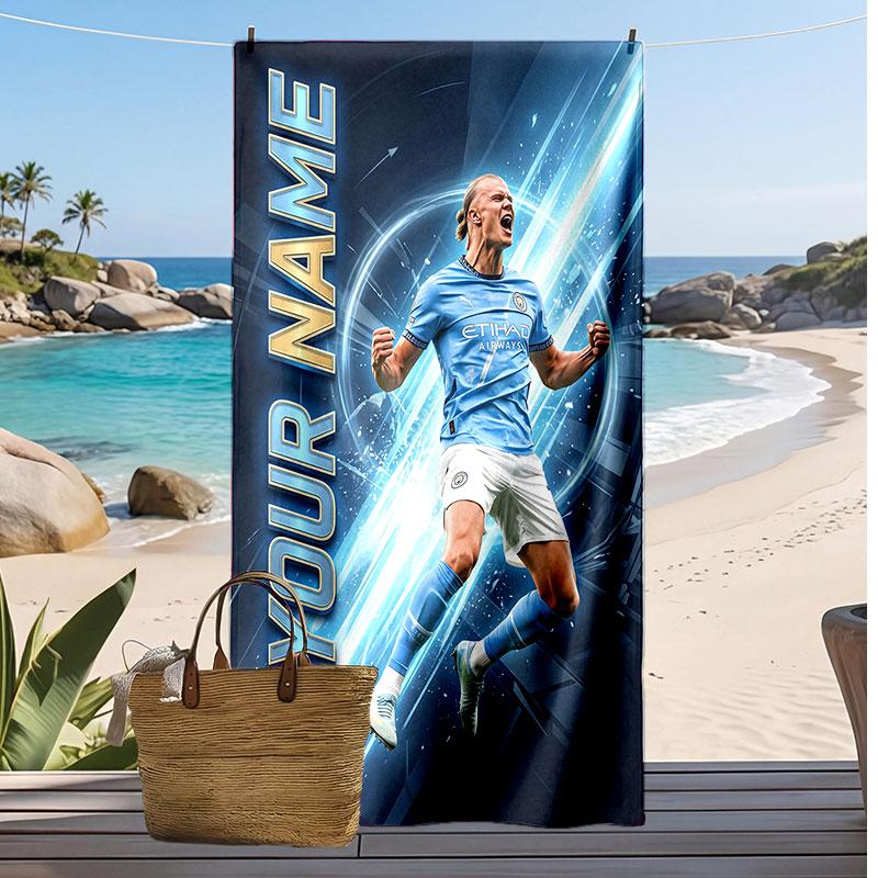 Erling Haaland Personalized Printed Beach Towel Soccer Logo Support Custom Name Text Absorbent Towel For Sport Travel Special Gift