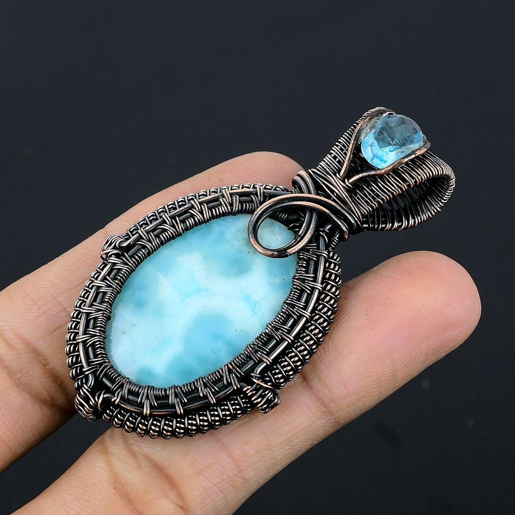 Larimar Pendant Gemstone Jewelry, 999 Copper Wire Wrapped Pendant, Handmade Jewelry Birthstone Pendant, Gift For Him