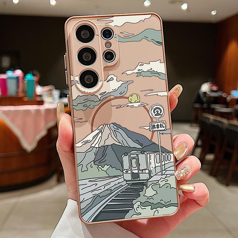 Magnetic For Magsafe Case For Samsung Galaxy S26 Ultra S25 Edge S24 Plus S23 FE S22 A54 A55 A56 5G Anime Landscape Train Pattern Matte Cover