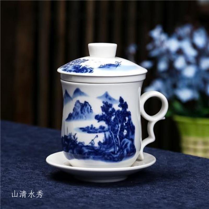4-teiliges Teetassen-Set Persönliche Teetasse Keramik mit innerem Filter und Deckel Wasserbecher Blau-Weißes Porzellan Büro Konferenzbecher