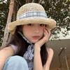 Spring and summer girl atmosphere plaid lace-up woven straw hat sunscreen sunshade seaside vacation wind show face small brim