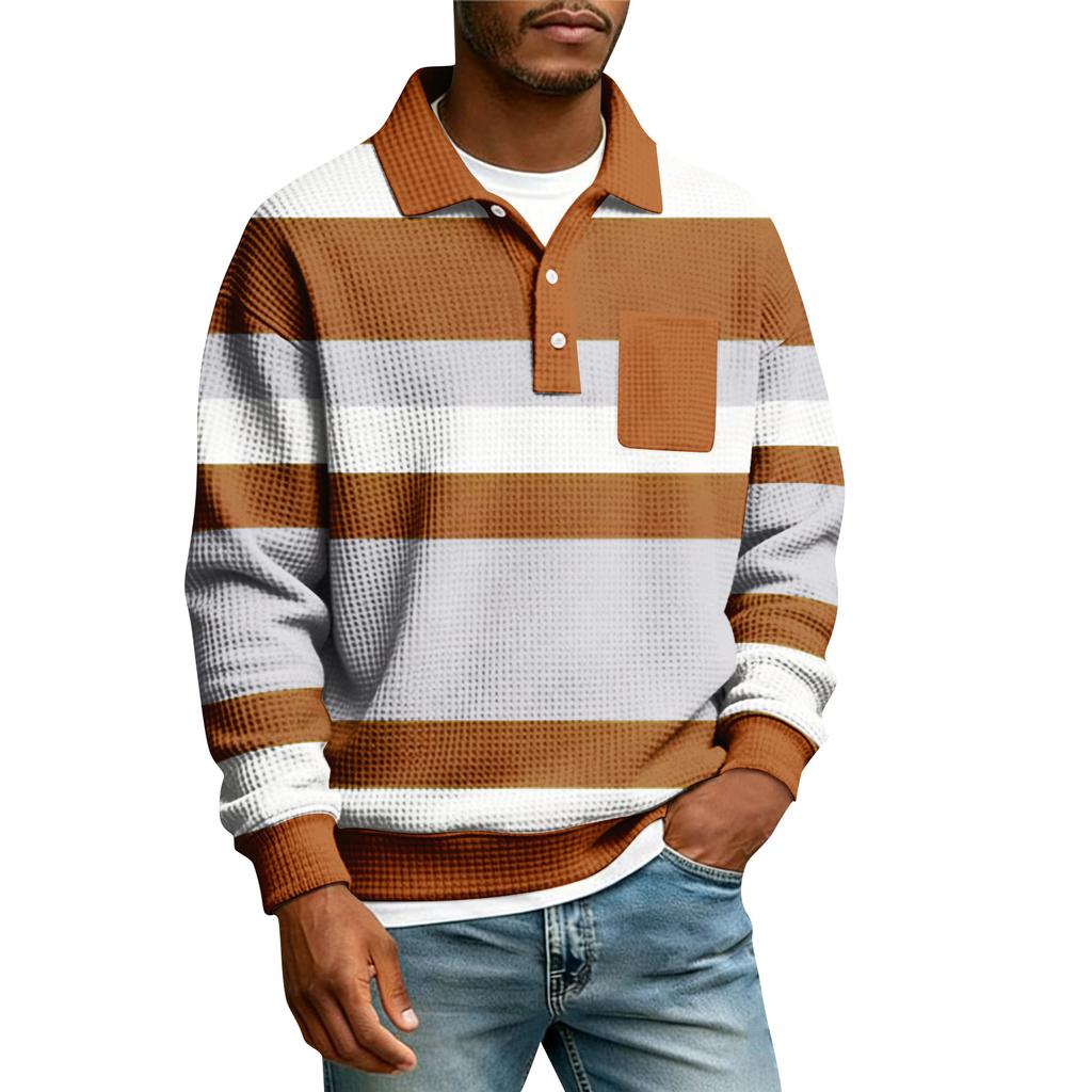 Men's Striped Single Breasted Long Sleeved Shirt With Collar And Pockets  Casual Sports T,shirt