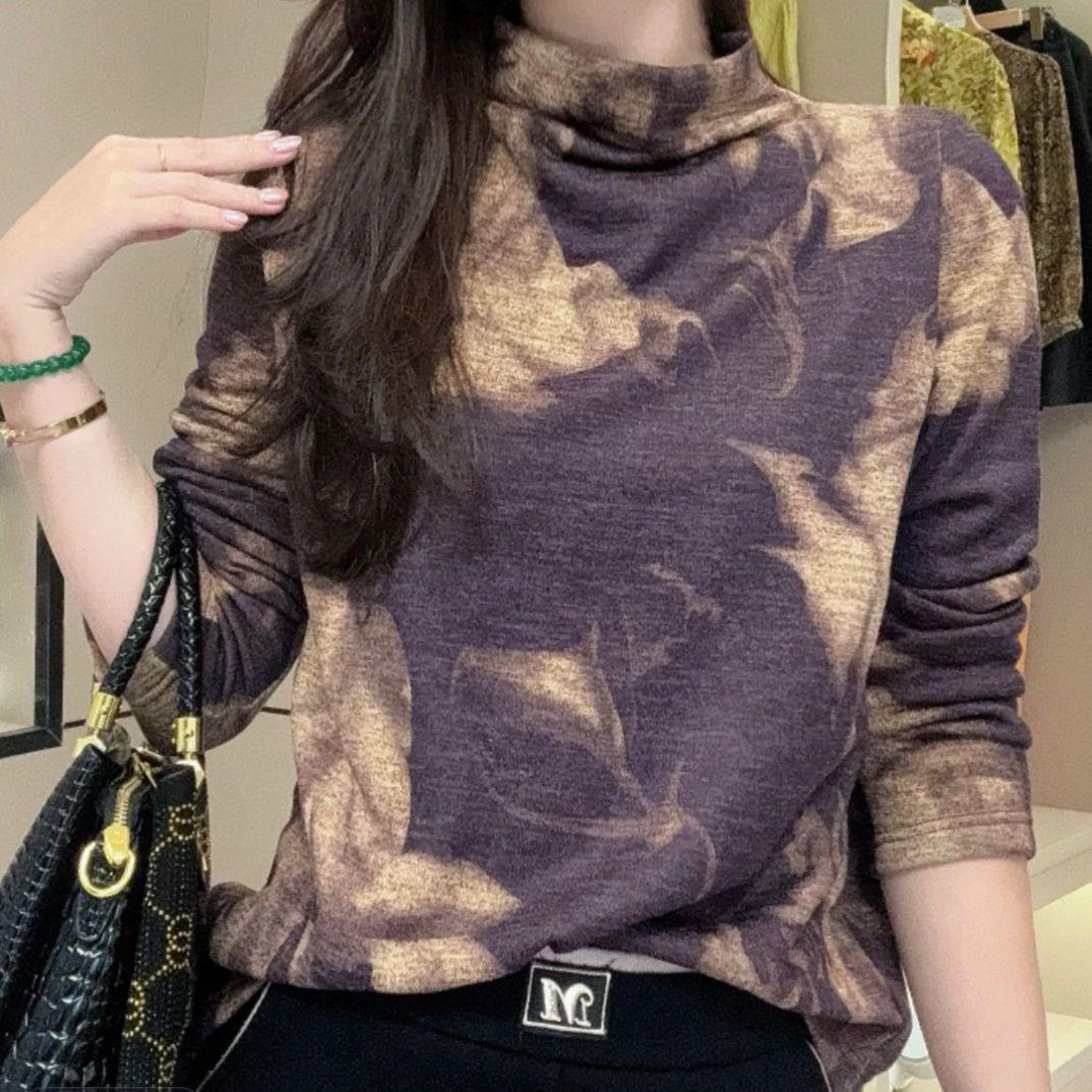 Autumn-Winter Printed Elegant Tummy-Covering Long-Sleeve Top for Middle-Aged and Elderly Mothers 5XL