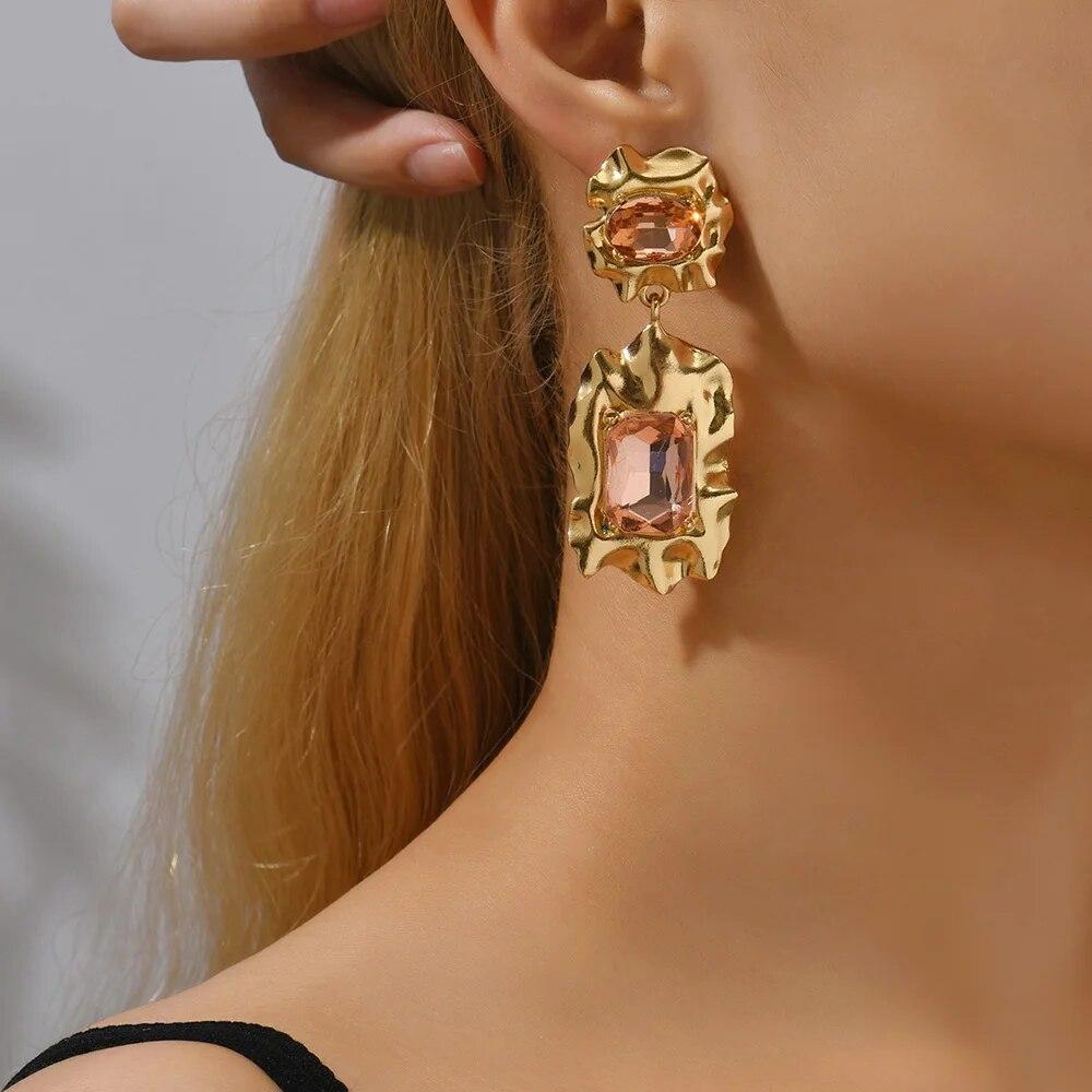 Fashion Glossy Metal Inlay Shiny Glass Charm Decor Big Dangle Earrings For Women Luxury Design Wedding Party Jewelry Accessories