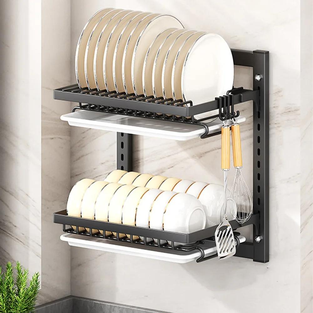 Wall Mounted Dish Drying Rack 2 Layer Rust-Proof Utensil Holder No Drilling Compact Kitchen Storage Rack Dinnerware Storage 42cm 8060₽