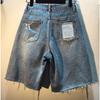 Damen High Waist Denim Bermuda Shorts Locker Geschnitten Strass Perlen Used Ausgefranste Jeansshorts