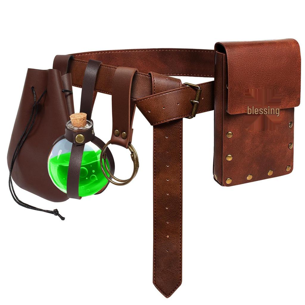 Medieval Leather Waistband Belt with Cord and Pouch