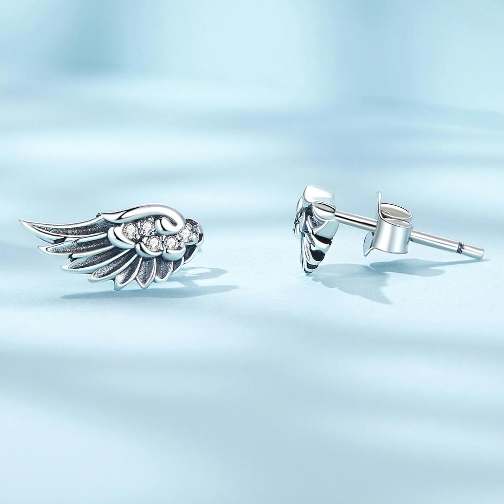 S925 Silver Angel Wings Earrings White Zircon Vintage Wing Stud Earring