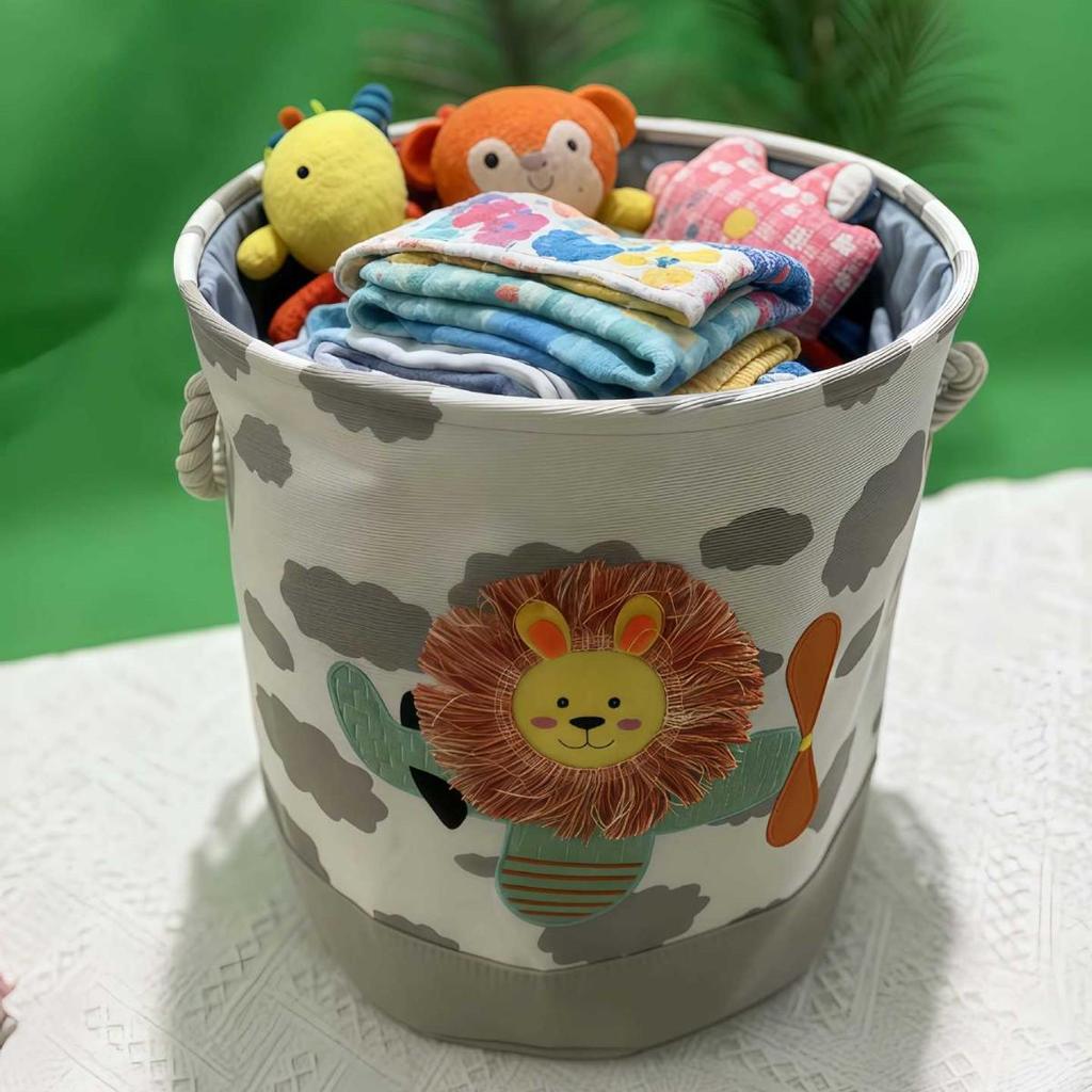 Cartoon Embroidered Fabric Toy Organizer & Laundry Basket