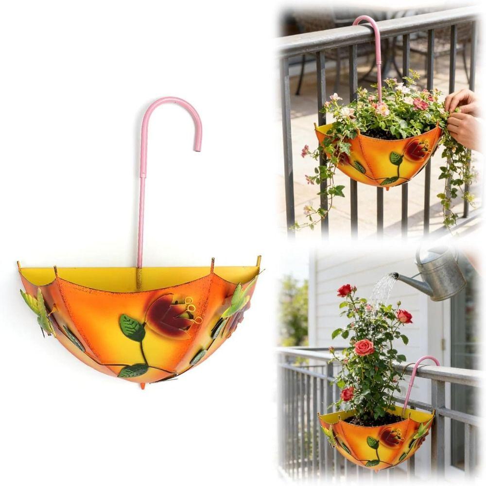 Painted Floral Hanging Flower Pot Metal Railing Plant Basket Wall Hanging Planter  Porch Railing