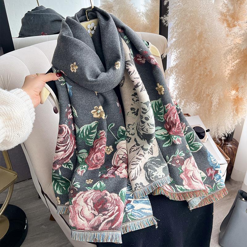 Autumn new rose warm temperament versatile thickened shawl jacquard craftsmanship with imitation cashmere scarf