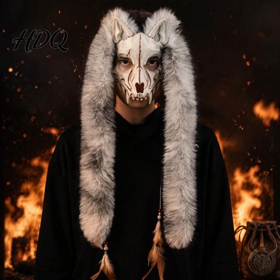 Měkká plyšová maska pro Comic Con Maska vikingské vlčí lebky Dlouhý kožíšek s třásněmi na uších Pokrývka hlavy Cosplay Tematická párty Kostým Pokrývka hlavy Párty Halloween Vlkodlak