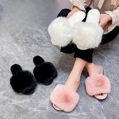 New Woman Slippers Winter Simple Word Fur Flats Soft Home Women Slippers Faux Fur Warm Bedroom Leisure Female Shoes