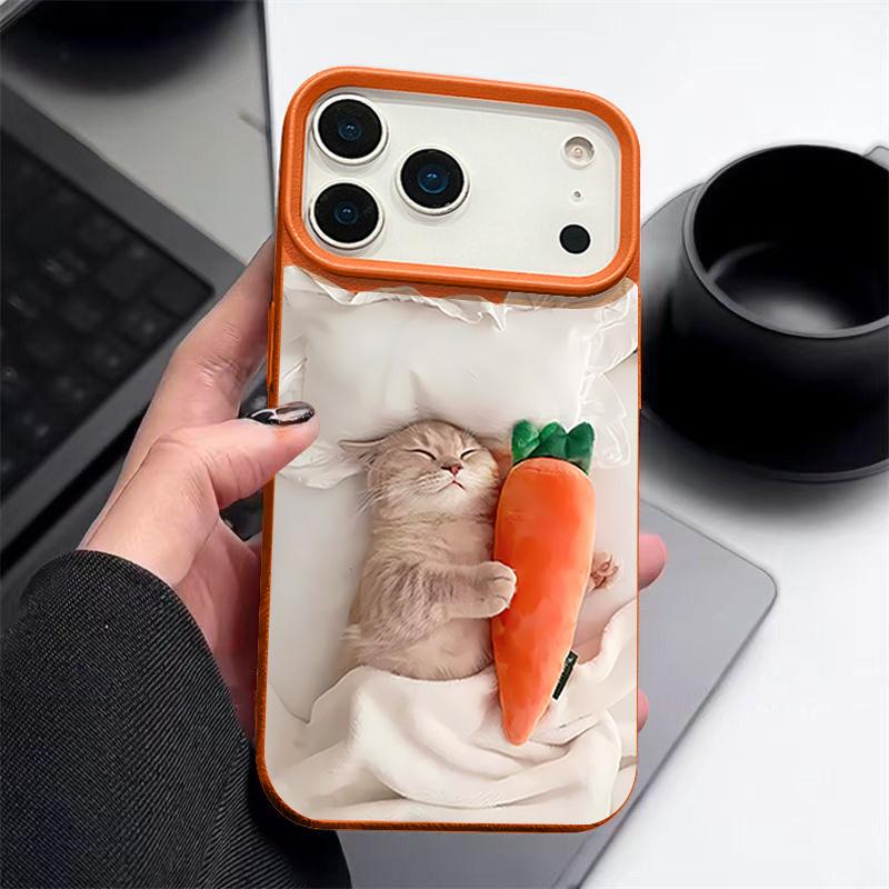 Sleeping Cat Carrot Pattern Case For iPhone 17 Pro Max Funda iPhone 16 Pro Max 15 14 13 12 11 Air 16E Leather Texture Silicone Cover
