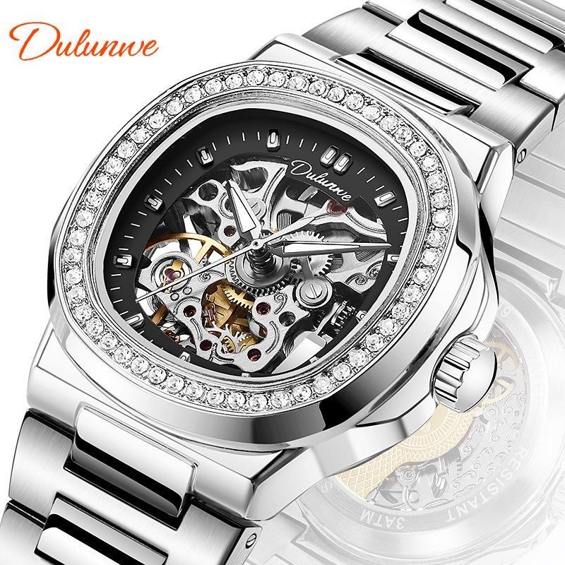 Skeleton Mechanical Watches Rose Gold Case Diamond Bezel Luminous Waterproof Fluororubber Strap Watch