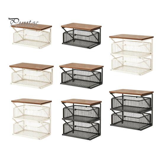 Coffee Pods Holder Station Organizer with Drawer, Tiered Bar Organizer, Wooden Top Shelf, Countertop Storage Rack Wire Mesh Drawers for Tea