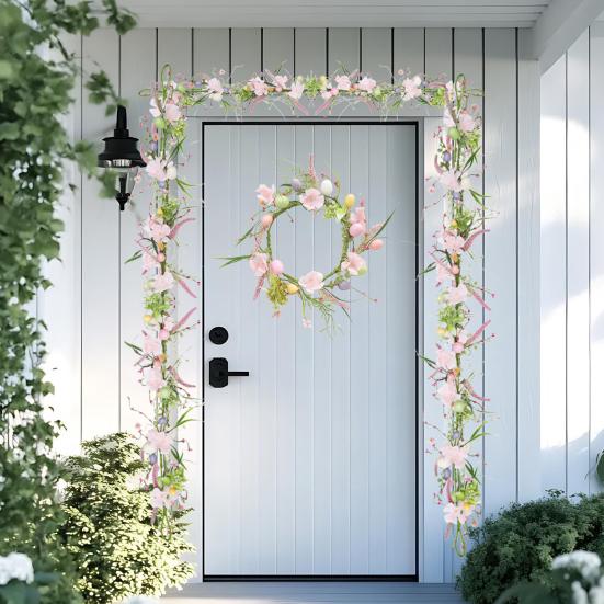 Easter Garland Artificial Floral Spring Garland with Foam Eggs Flowers for Mantle Fireplace Easter Party Indoor Outdoor Decoration