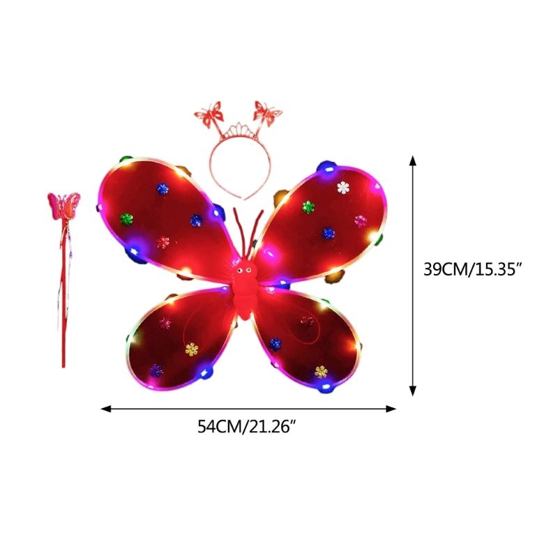 Three Piece Set LED Performance Costume Light Up Wing Sparkles Butterfly Fairy Angel Wing Girls Party Dress Up Cosplays