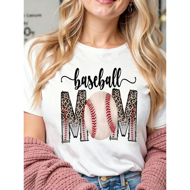 

European Size text baseball mom leopard print red stitching white background cursive font simple sporty family theme for women summer short-sleeved S белый