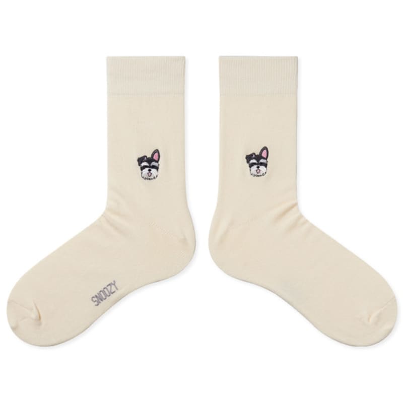 SNOOZY Schnauzer Puppy Face Embroidered Socks (Ivory)