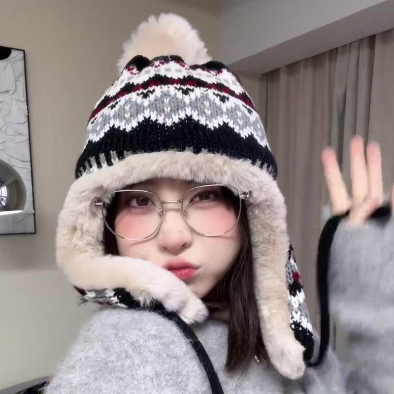 Cute Plush Hat Women's Winter Plush Knitted Wool Hat, Ear Protector, Warm, Fluffy Northeast Cold-proof Lei Feng Hat