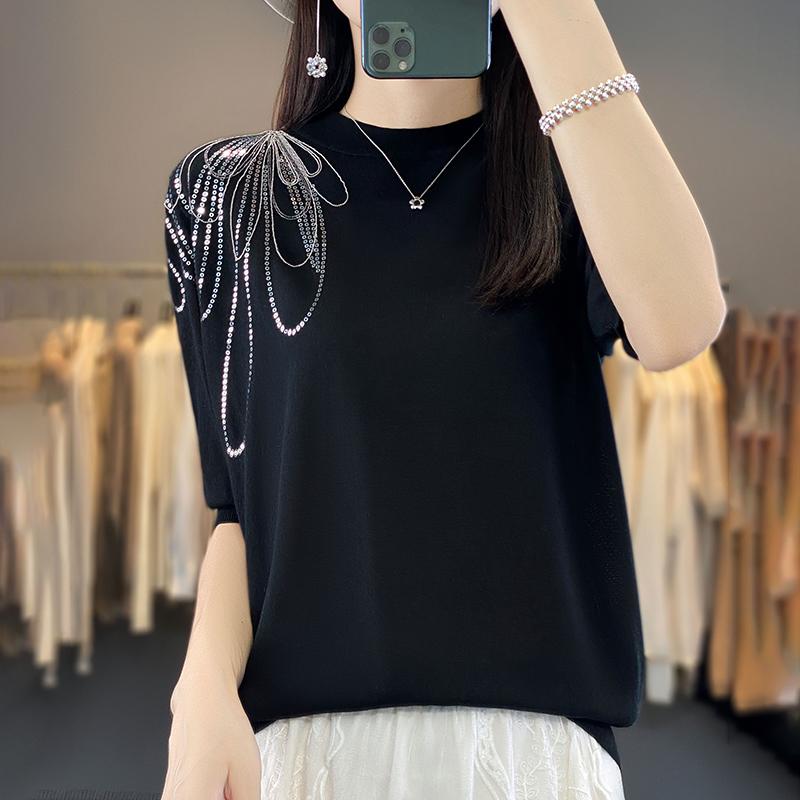 Dámské letní tričko s krátkým rukávem 50% směs morušového hedvábí a polyesteru | Lehký, prodyšný, ležérní top Slim Fit