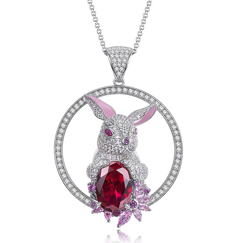 Lulu Tong Women's 925 Sterling Silver Rabbit Necklace with Pigeon Blood Red Stone - Ideal New Year Gift for Girlfriend