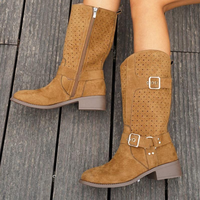 Large-size Round-toe Square-heel Fashion Boots for Autumn and Winter, New Metal Buckles and Mid-leg Women's Boots Worn Outside