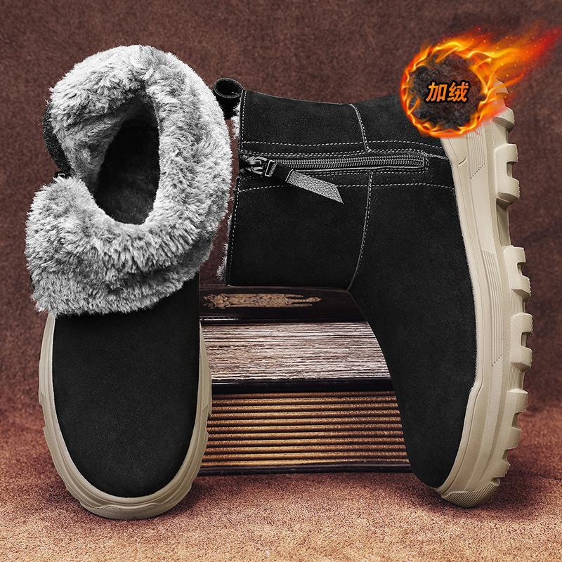 Snow Boots Winter Warm Cotton Boots, Cow Suede Velvet High-top Shoes Men's Boots Leather Side Zipper Platform Men's Shoes