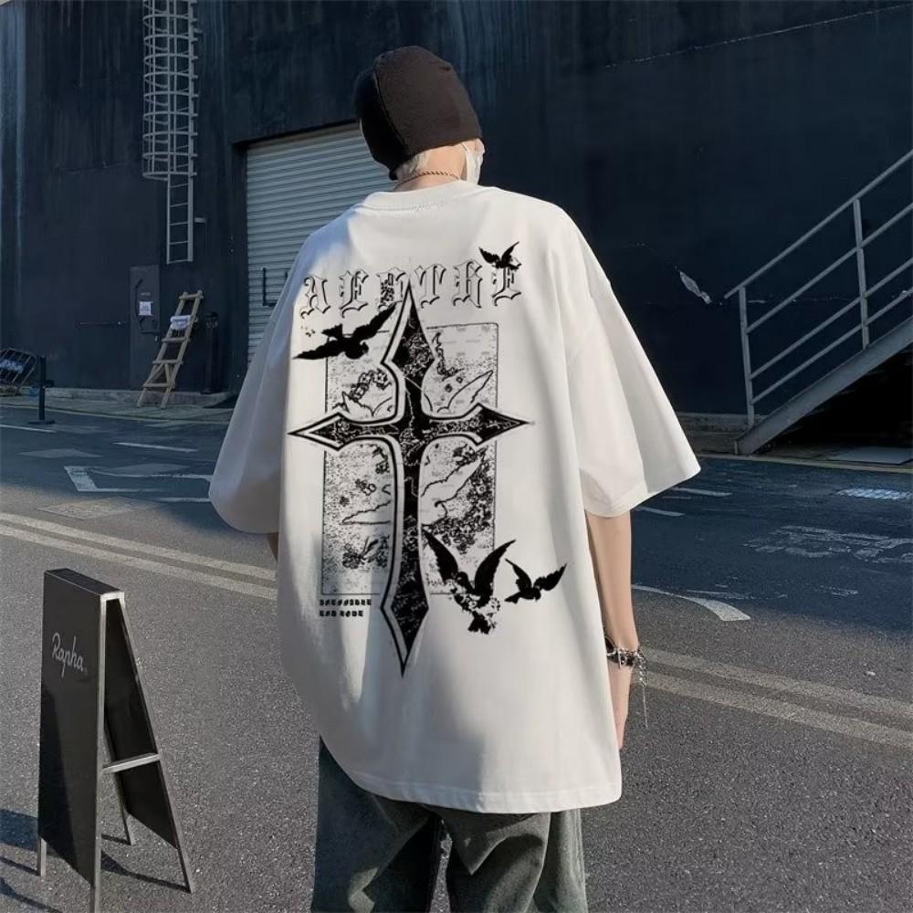 Hot Selling Trend Summer Men's Cross Letter Print Comfortable and Breathable Round Neck T-shirt Outdoor Casual High Street Top