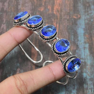 Tanzanite Quartz Gemstone Handmade 925 Sterling Silver Cuff Bangle Adjustable For Her