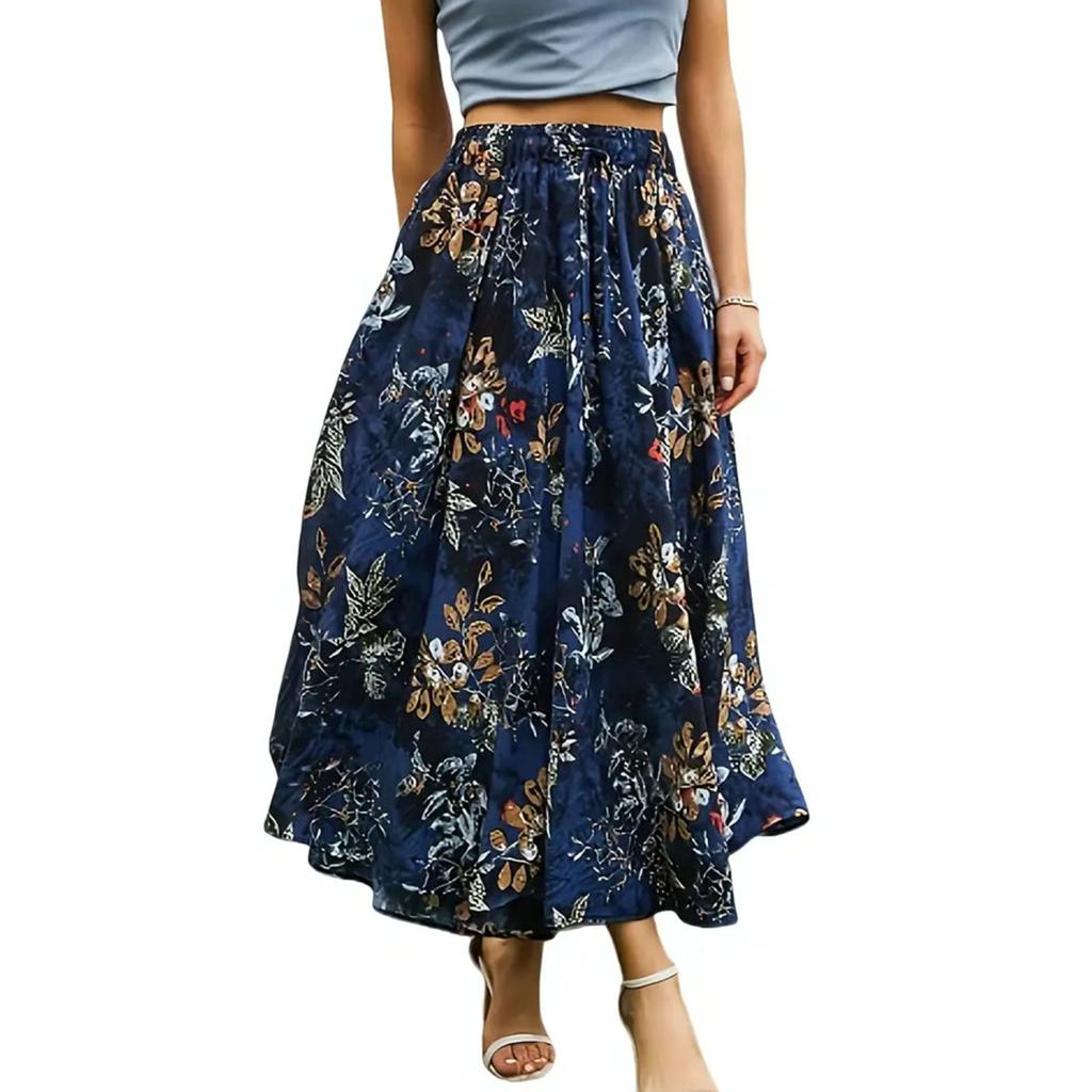 Yousheng Maxirock Verstellbarer Kordelzug Elastischer Hoher Bund Langer Rock mit Großem Saum Blumendruck Taschen Damenrock