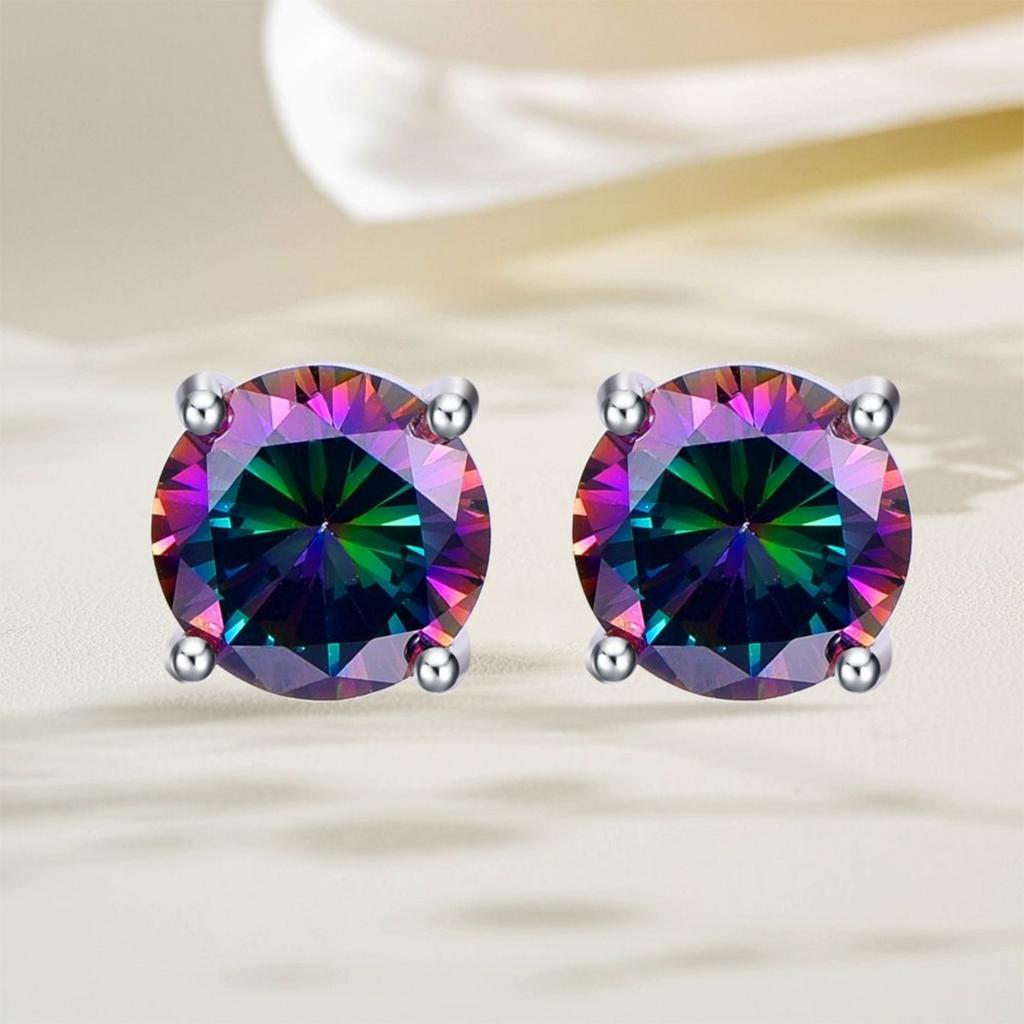 Iridescent Rainbow Stud Earrings - Multi-Color Gem Silver Plated Sparkly Jewelry for Women