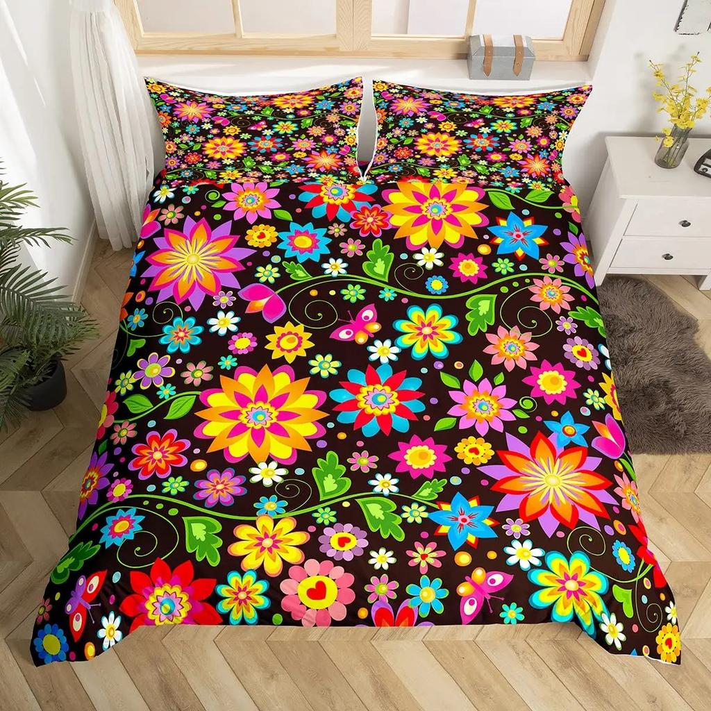 Hippie Flower Duvet Cover Set Boho Mandala Bedding Set Microfiber Groovy Flowers Comforter Cover King for Girls Women Room Decor