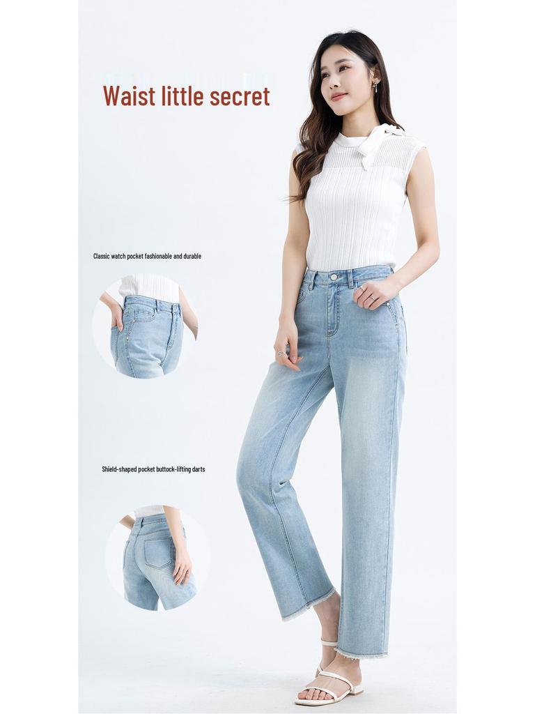 Sommer 2025 Petite High-Waist Cropped Baguette-Jeans mit ausgefranstem Saum 8171