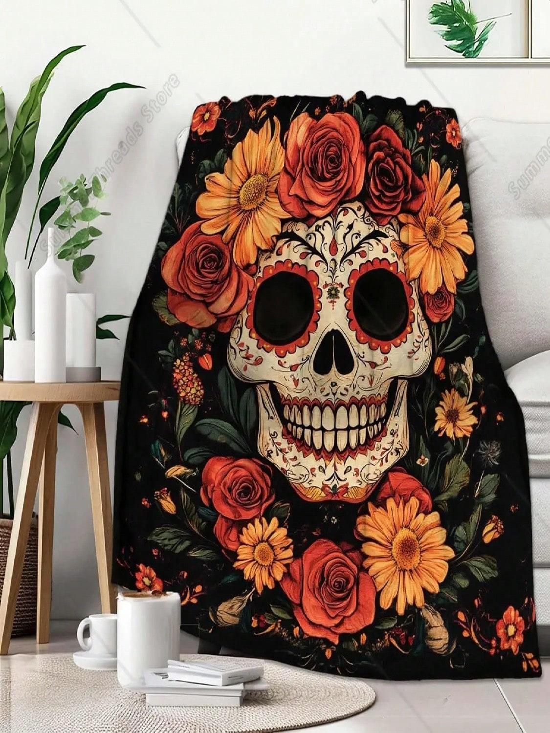 Sugar Skull Throw Blanket, Sugar Skull Gifts For Women, Day Of The Dead Blanket, Soft Cozy Mexican Lightweight Fleece For Couch 75X95CM