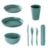 16-Piece Wheat Straw Dinnerware Set: Includes Plates, Rice Bowls, Cups, Spoons, and Forks.
