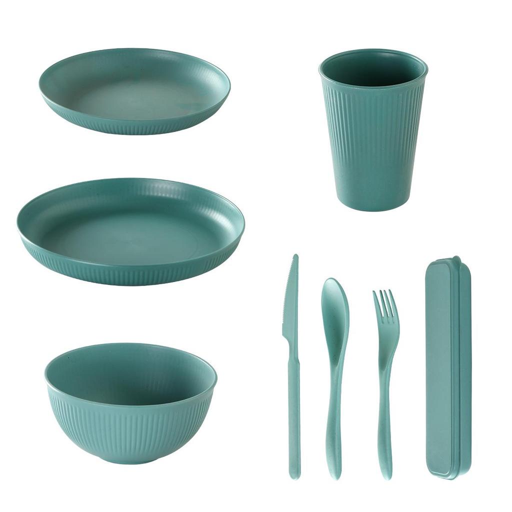 16-Piece Wheat Straw Dinnerware Set: Includes Plates, Rice Bowls, Cups, Spoons, and Forks.