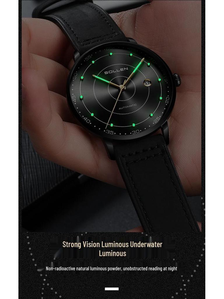 Solon Ultra-Thin Automatic Men's Leather Strap Waterproof Watch - Simple & Stylish.