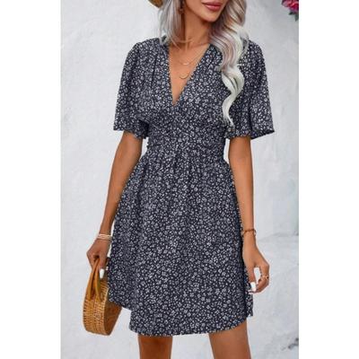Damenmode Sommer Frühling Blumenmuster Druck Kurzarm V-Ausschnitt Hohe Taille Freizeitkleider