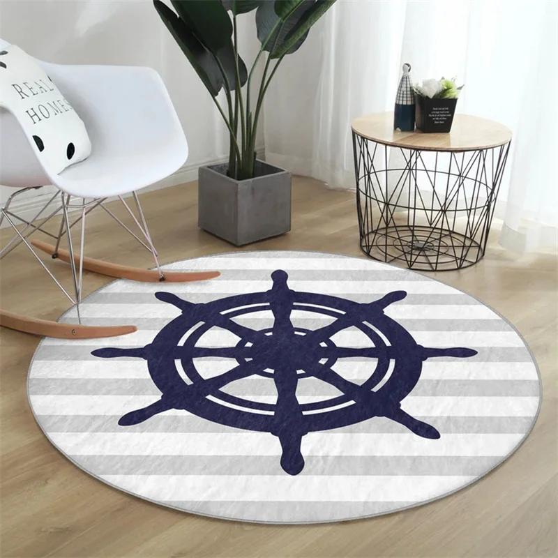 Marine Round Rug Compass Floor Carpet Wheel Non Slip Circle Rugs Sailor Anti Slip Mat Anchor Area Rugs Blue Rug for Living Room