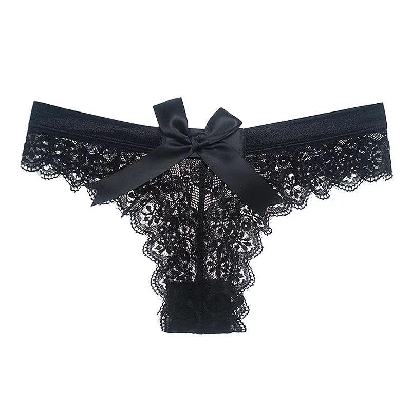 Night Charm Lace Bow Thongs: Sexy Transparent Lingerie for Women